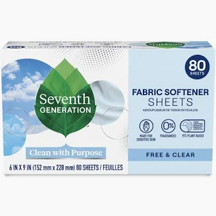 Fabric Softener Sheets - Free & Clear by Seventh GENERATION - Non-toxic Laundry product rated SLOW by Million Marker, free from BPA, phthalates, and parabens