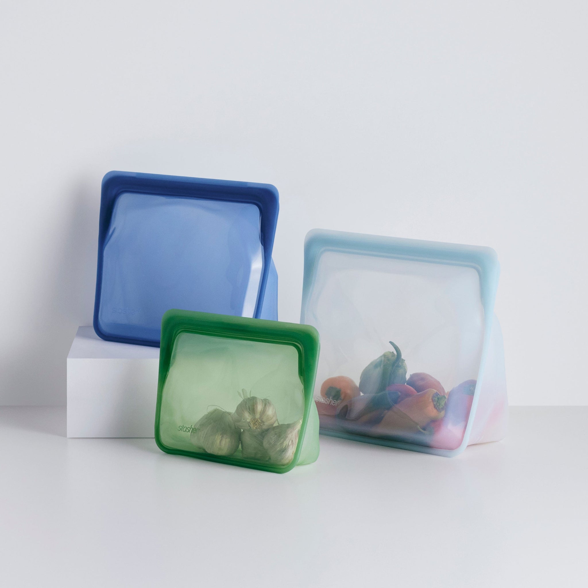 Reusable Silicone Stand-Up Bag - 3 Pack by Stasher - Non-toxic Food Storage product rated SLOW by Million Marker, free from BPA, phthalates, and parabens