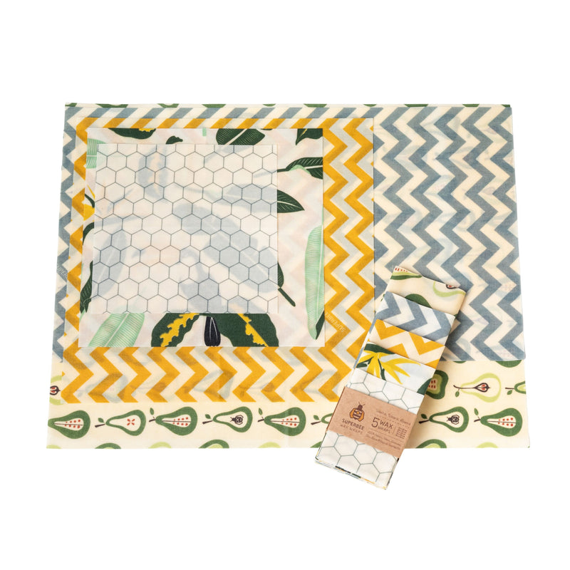Essentials Beeswax Wraps 5-Pack Reusable Food Wraps - Mixed Prints by SUPERBEE - Non-toxic, GO rated product free from harmful chemicals