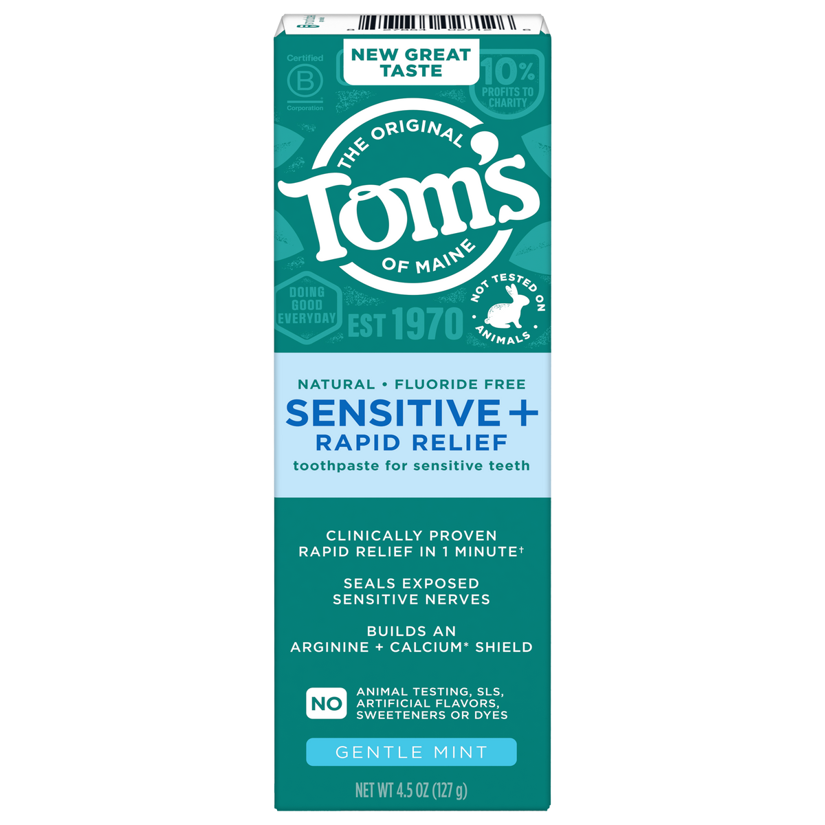 Rapid Relief Sensitive Fluoride-Free Toothpaste - Gentle Mint by THE ORIGINAL Tom's OF MAINE - Non-toxic Oral Care product rated SLOW by Million Marker, free from BPA, phthalates, and parabens