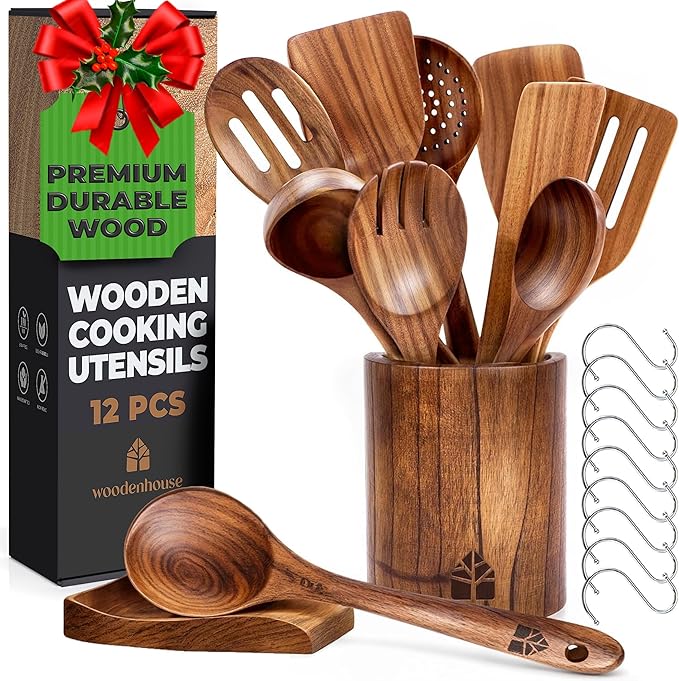 Wooden Utensils Set With Holder, Spoon Rest & Hooks - 12 piece set by Woodenhouse - Non-toxic Cooking Utensils product rated GO by Million Marker, free from BPA, phthalates, and parabens