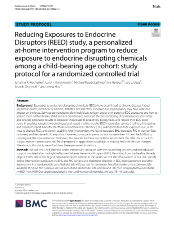 Reducing Exposures to Endocrine Disruptors (REED) study, a personalized at-home intervention program to reduce exposure to endocrine disrupting chemicals among a child-bearing age cohort: study protocol for a randomized controlled trial
