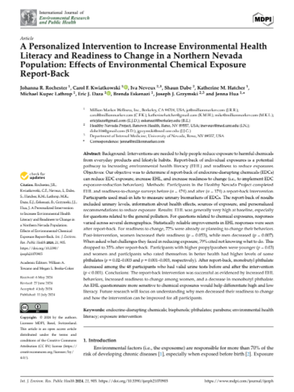 A Personalized Intervention to Increase Environmental Health Literacy and Readiness to Change in a Northern Nevada Population: Effects of Environmental Chemical Exposure Report-Back